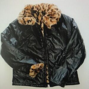 Faux Leather Black Jacket with Leopard Faux Fur Trim